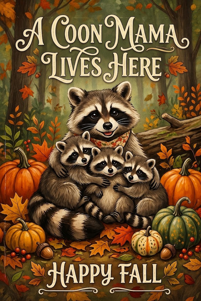 A Coon Mama Lives Here" Autumn Raccoon Family Garden Flag