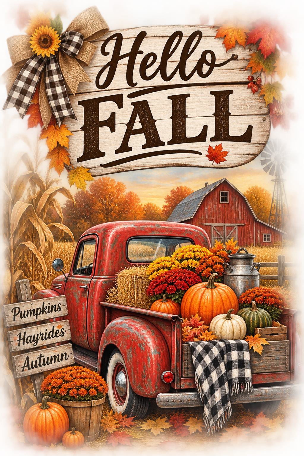 Vintage Red Truck "Hello Fall" Harvest Garden Flag