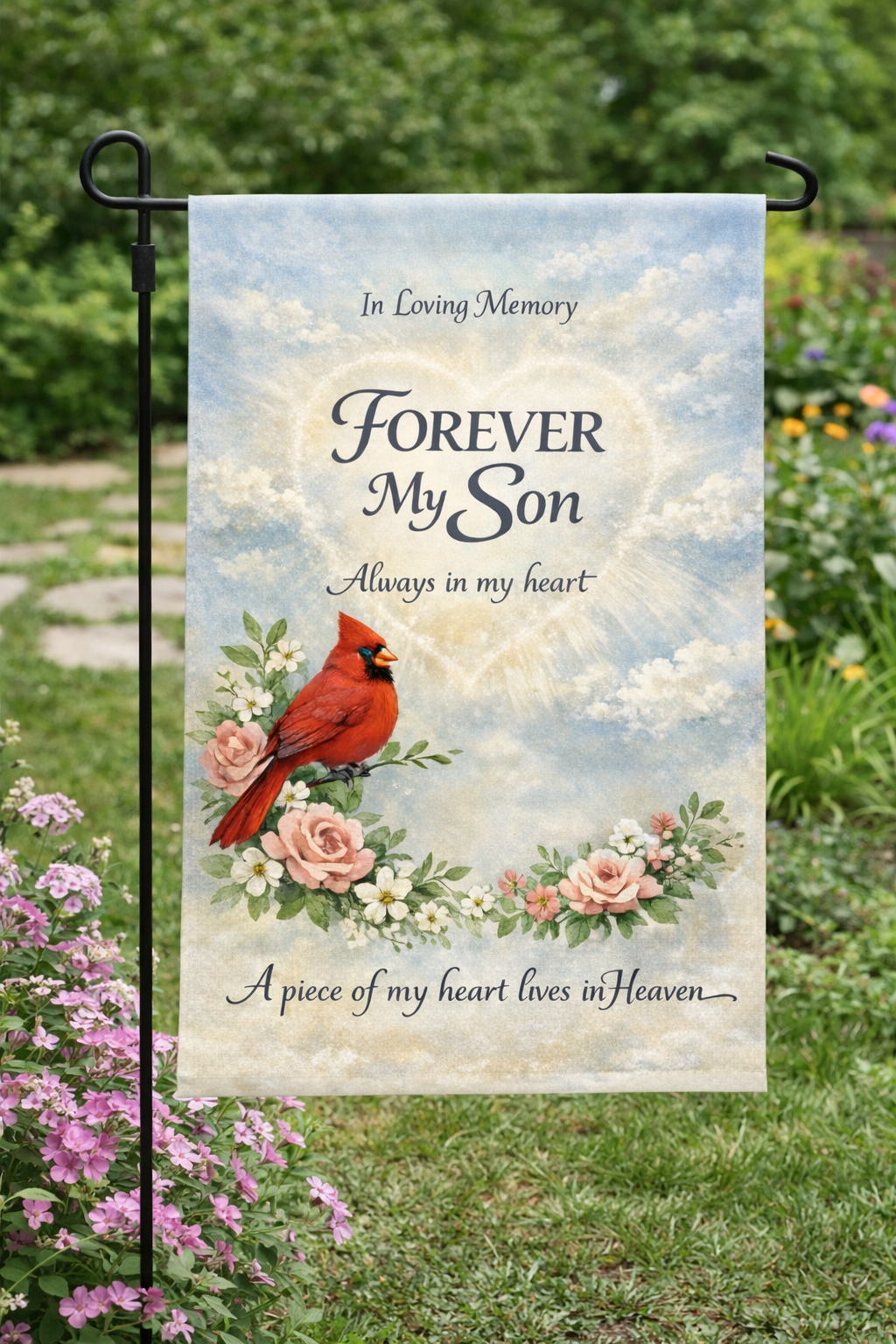Forever My Son Memorial Garden Flag – Red Cardinal Heaven Tribute