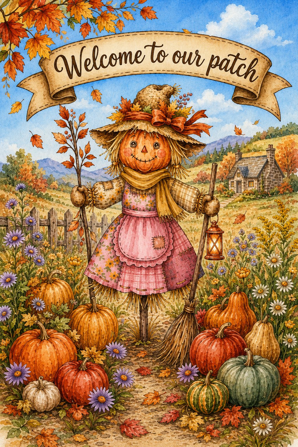 "Welcome to Our Patch" Country Scarecrow Garden Flag