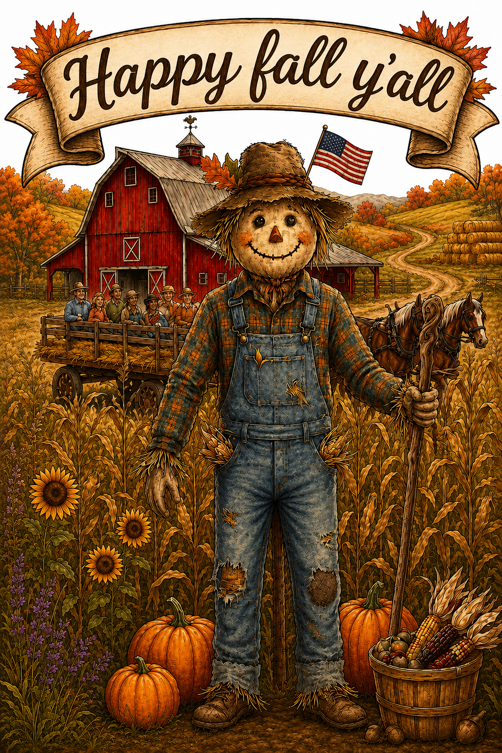 "Happy Fall Y'all" Harvest Scarecrow & Hayride Garden Flag