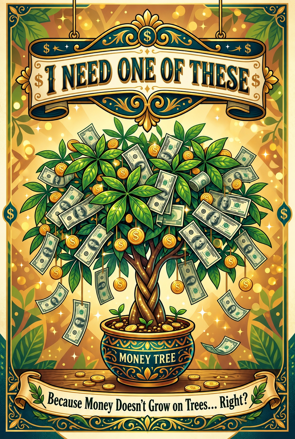 Money Tree Wall Flag & Hanging Wall Art – "I Need One Of These" Vintage Graphic Scroll