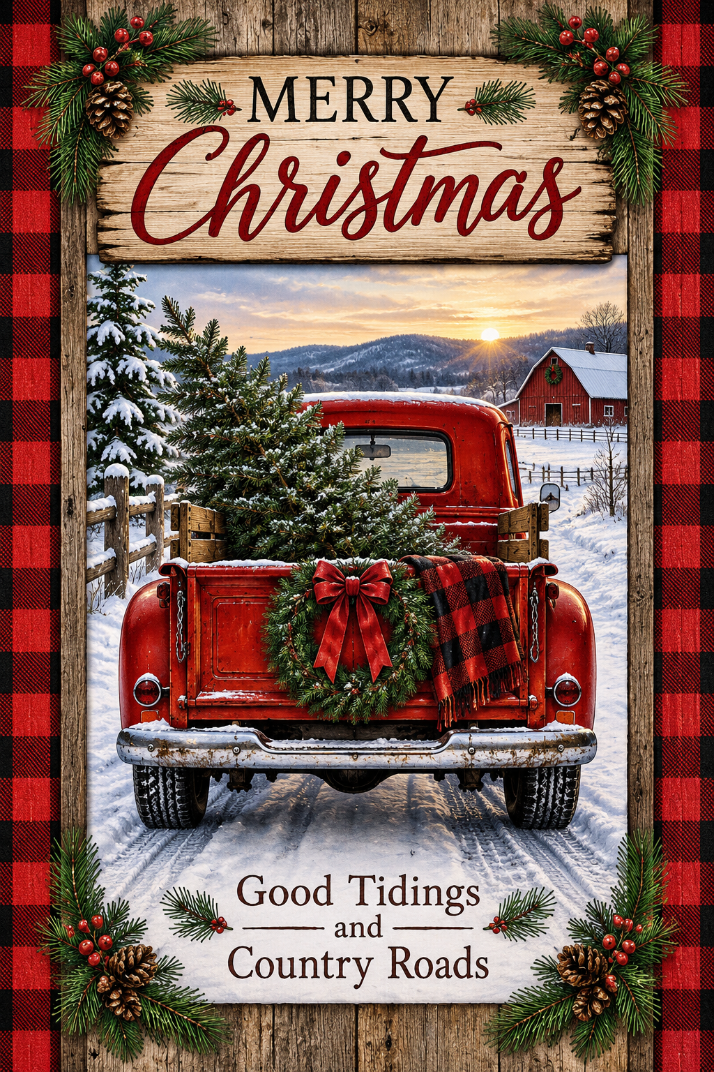 Merry Christmas Vintage Red Truck & Country Roads Garden Flag (12" x 18")