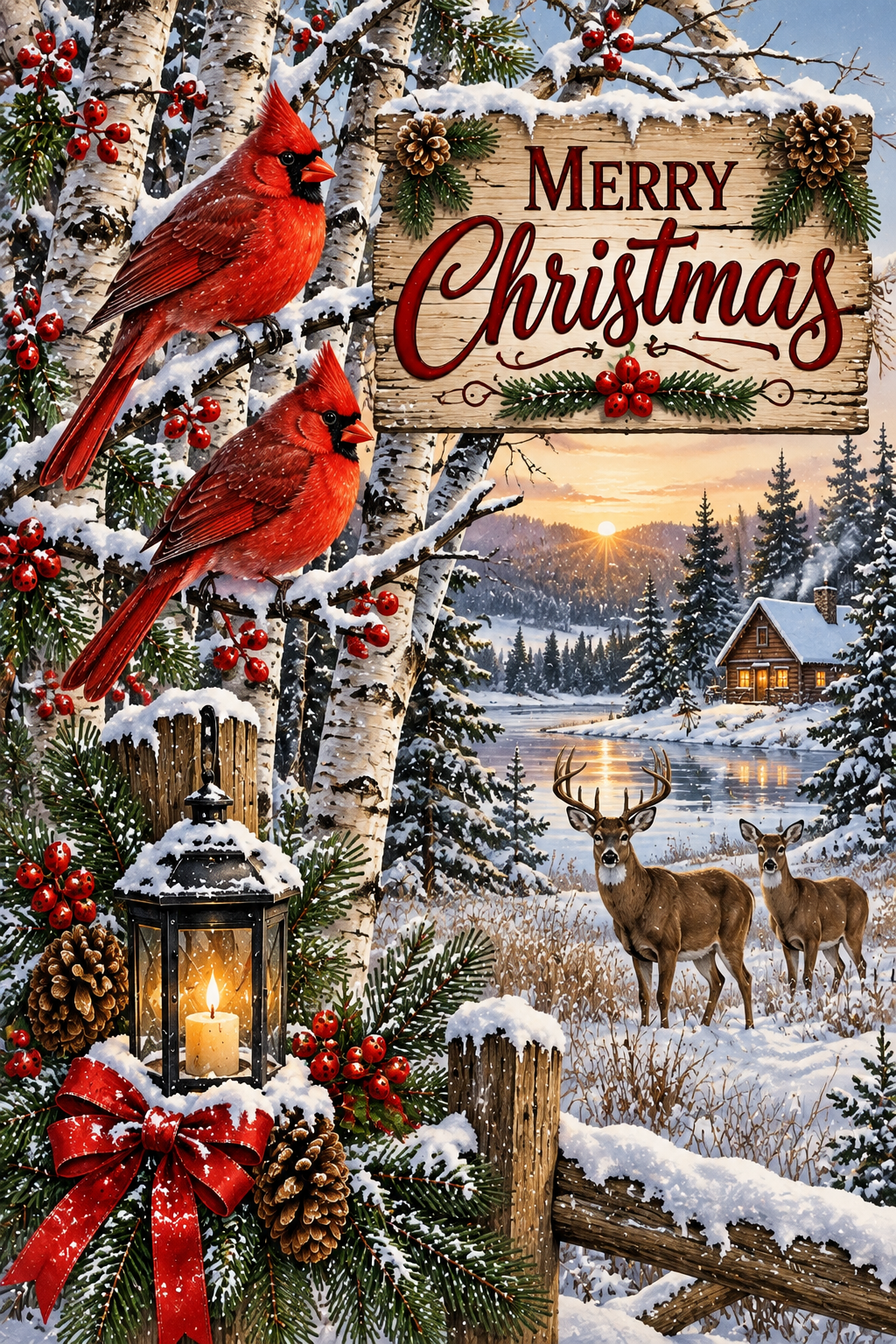 Merry Christmas Winter Cardinals & Whitetail Deer Garden Flag (12" x 18")