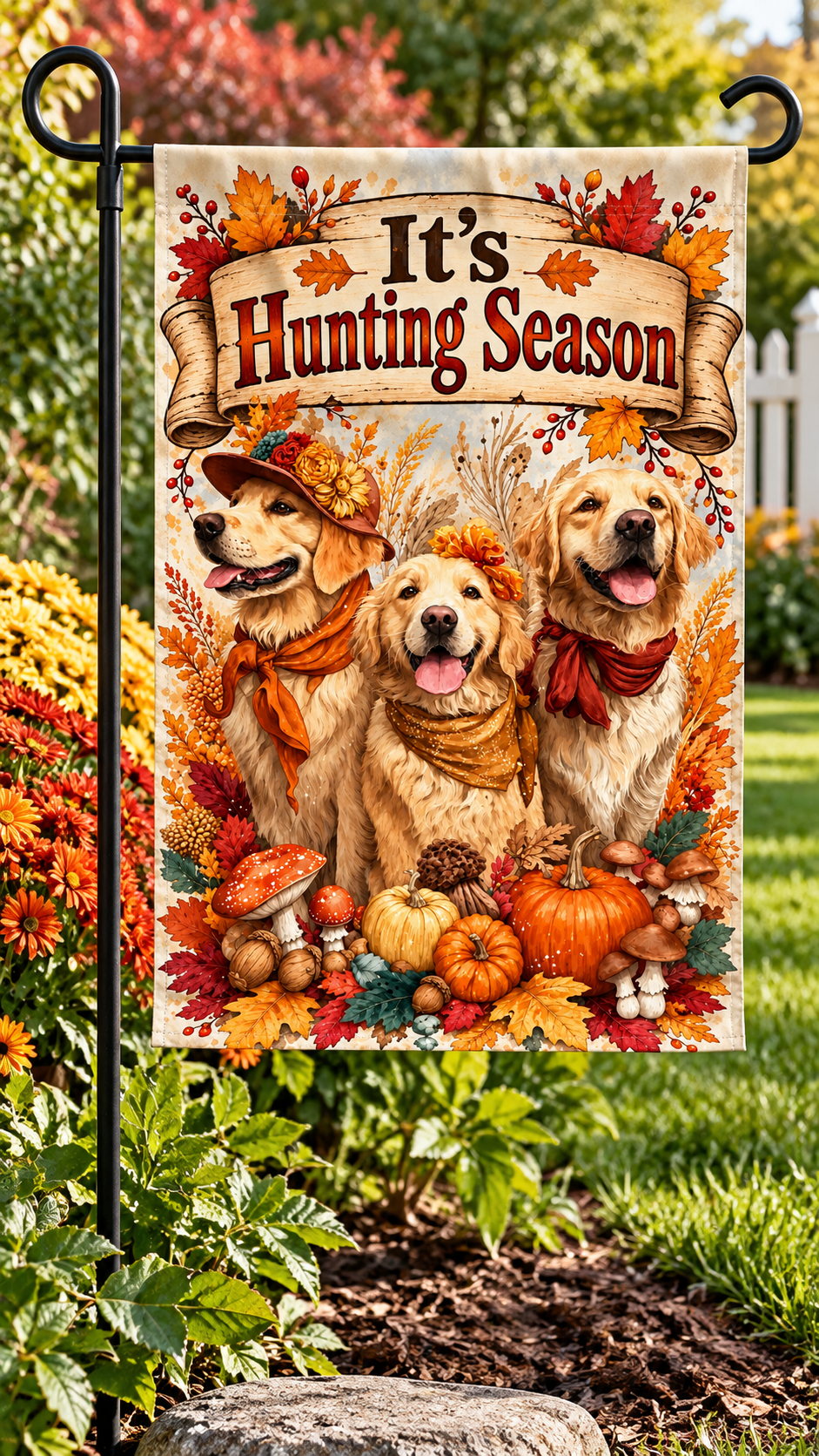 Fall Golden Retrievers "It's Hunting Season" Outdoor Yard Flag
