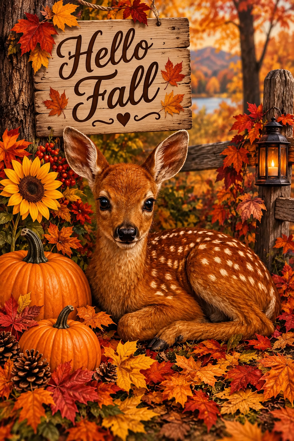 Hello Fall Baby Deer Garden Flag – Autumn Fawn with Pumpkins & Sunflowers Outdoor Yard Decor