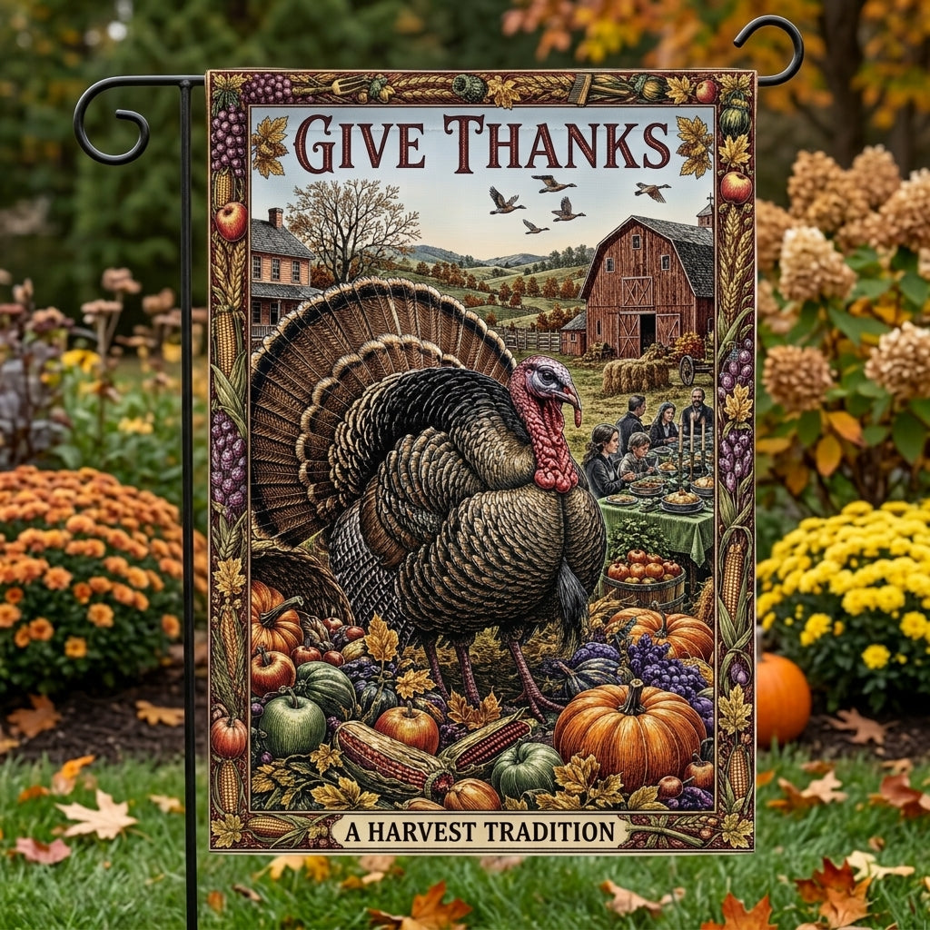 Give Thanks Harvest Tradition Garden Flag – Vintage Thanksgiving Wild Turkey & Autumn Farmhouse Yard Decor