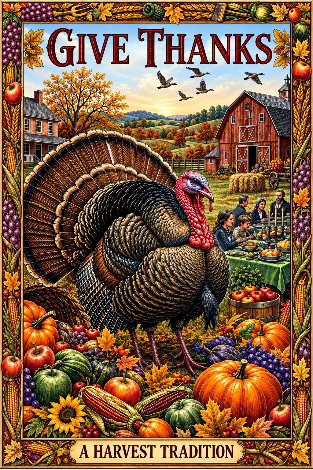 Give Thanks Harvest Tradition Garden Flag – Vintage Thanksgiving Wild Turkey & Autumn Farmhouse Yard Decor