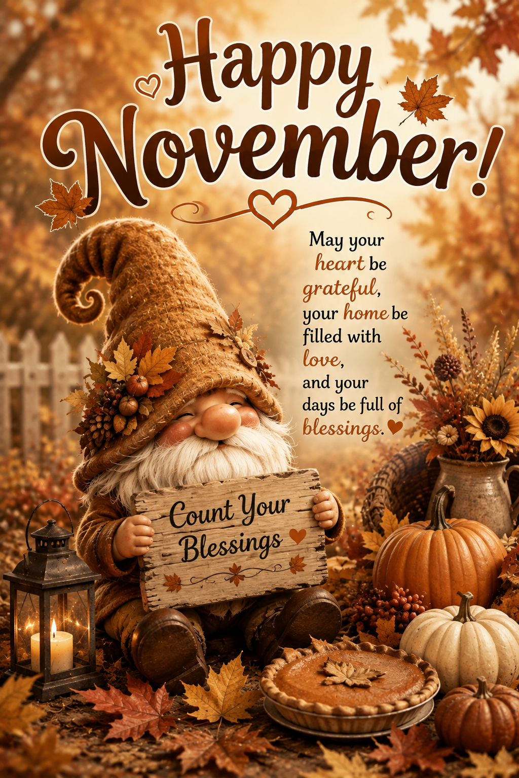 "Happy November" Count Your Blessings Gnome Garden Flag