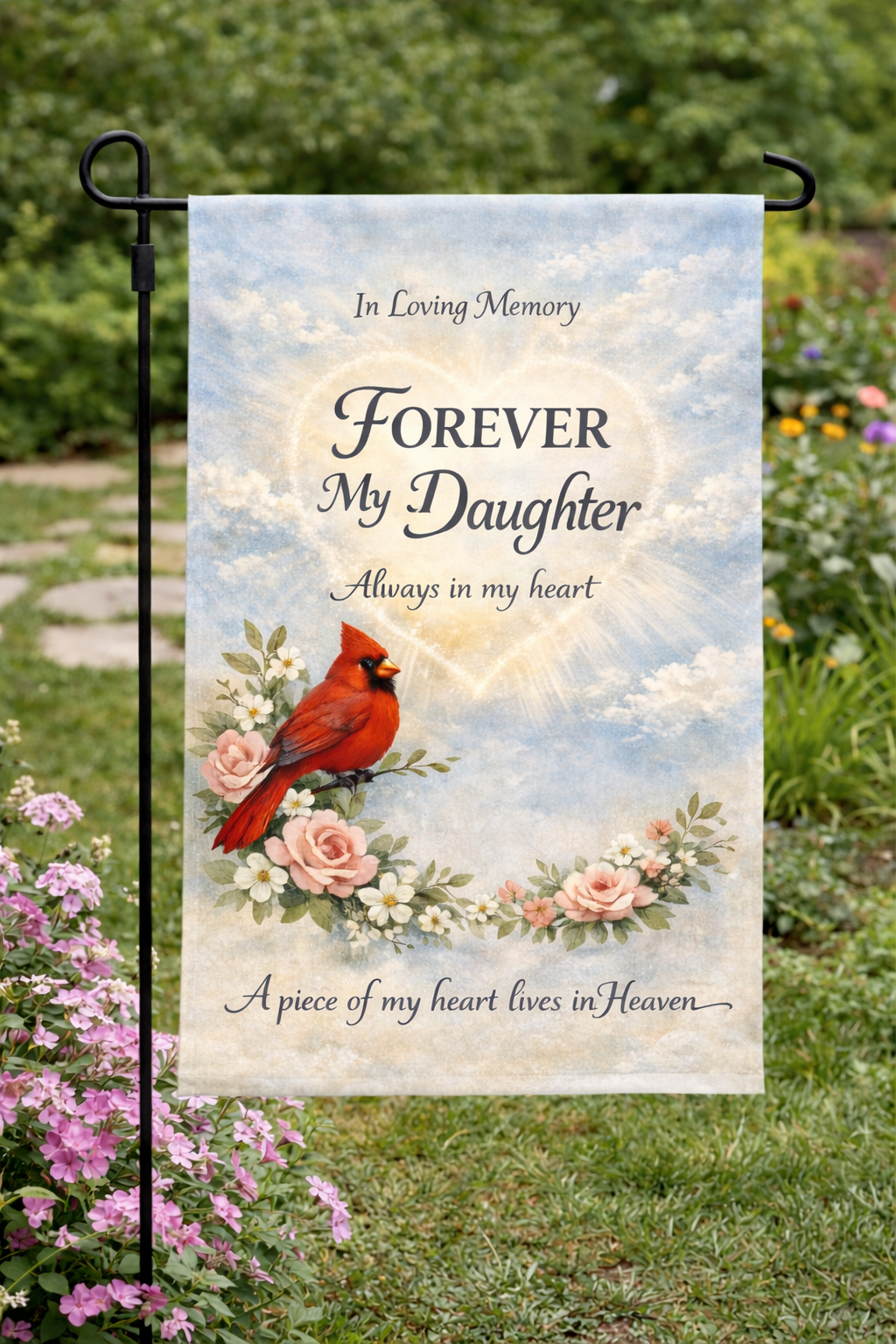 Forever my Daughter Memorial Garden Flag – Cardinal Visitor &amp; Heavenly Heart Tribute