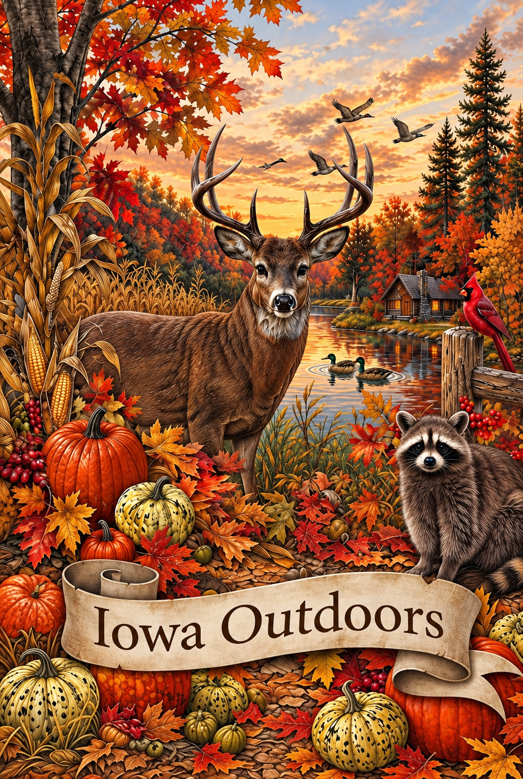 Iowa Outdoors Autumn Wildlife Garden Flag - Fall Buck & Woodland Creatures Door Hanger