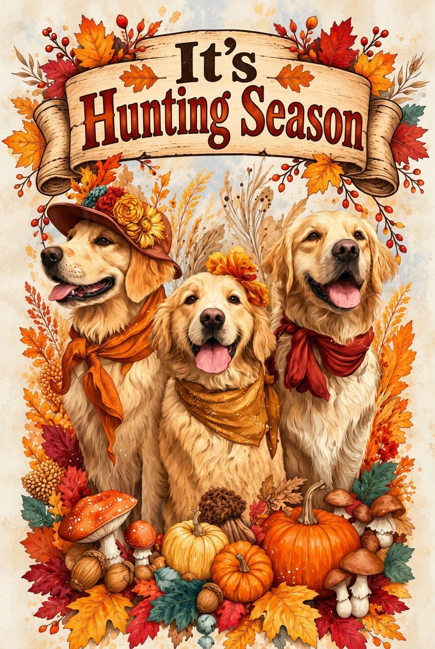 Fall Golden Retrievers "It's Hunting Season" Outdoor Yard Flag