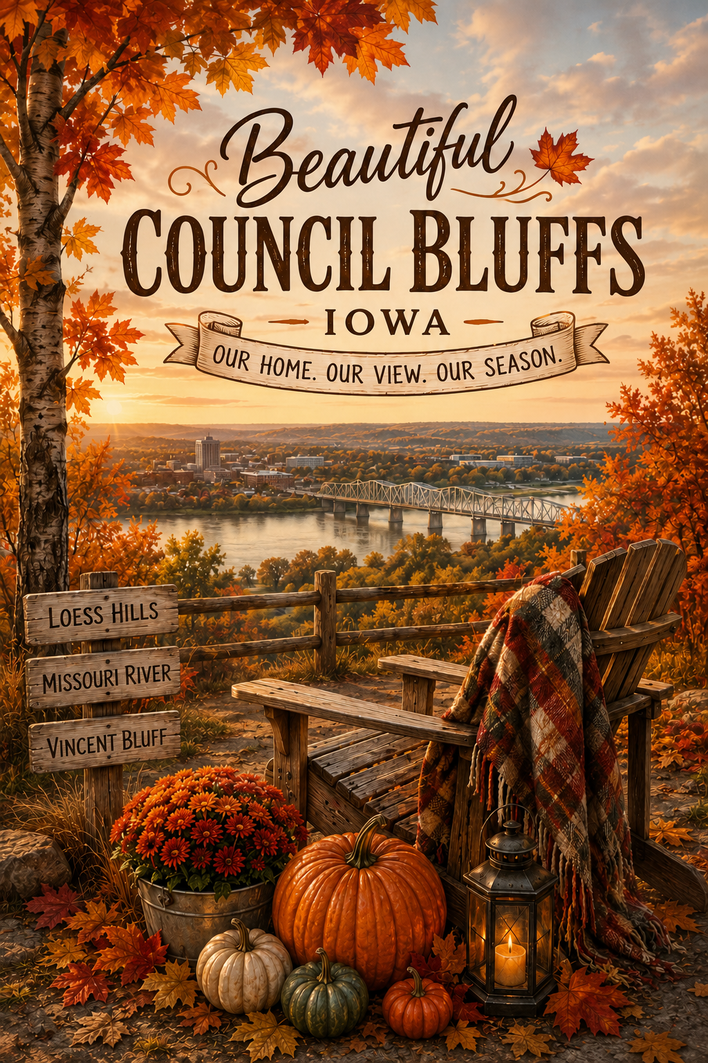 "Beautiful Council Bluffs, Iowa" Autumn Landscape Garden Flag