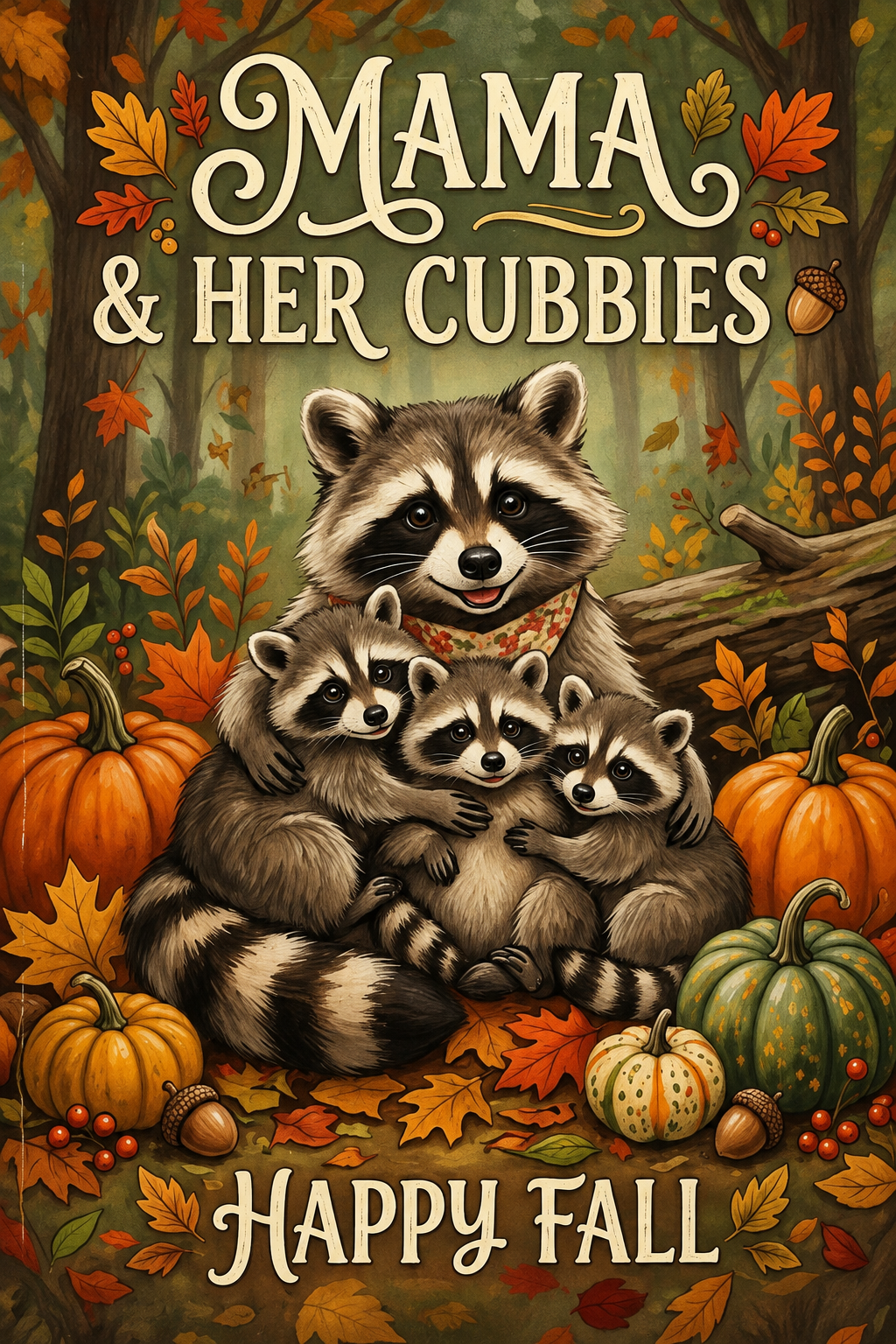 Mama & Her Cubbies" Autumn Raccoon Family Garden Flag