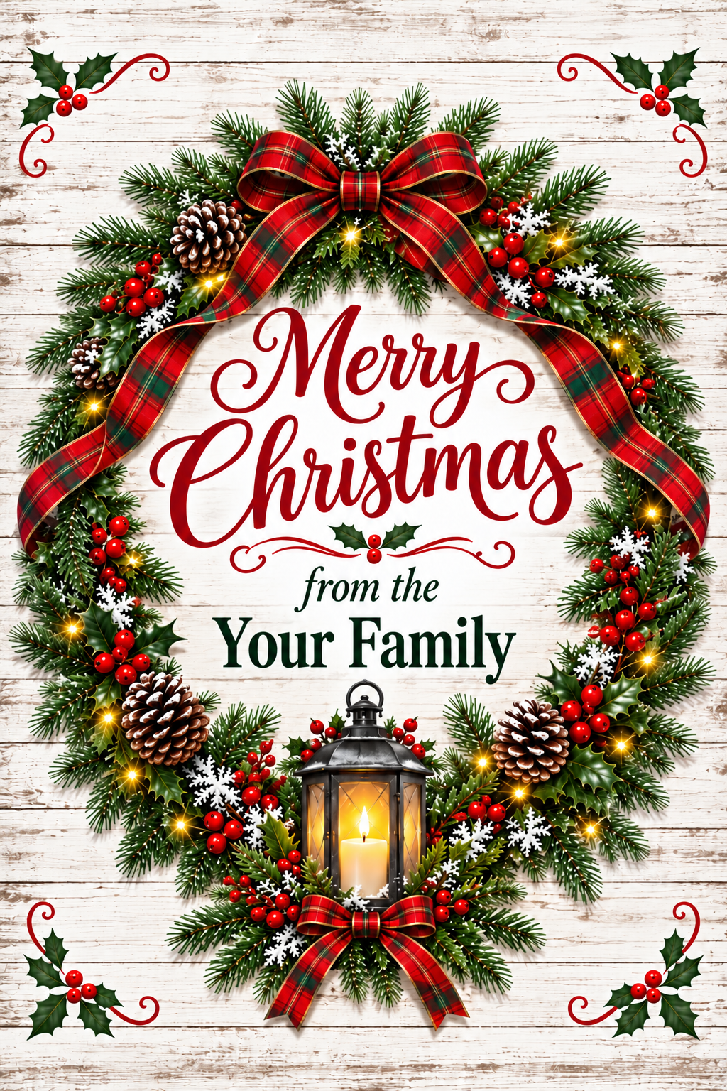 Merry Christmas Personalized Family Wreath & Lantern Garden Flag (12" x 18")
