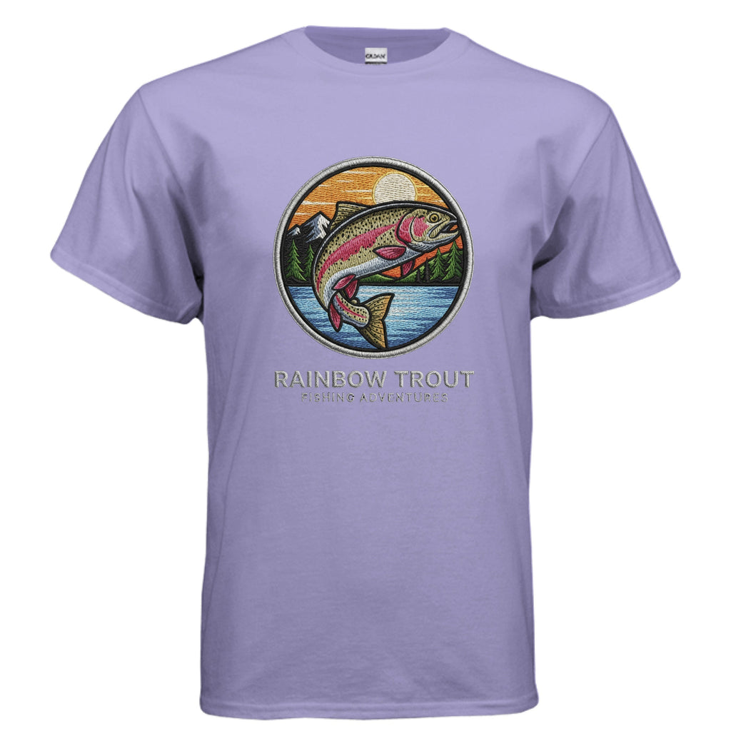 Gildan G500 T-Shirt with Rainbow Trout fishing design on purple preshrunk cotton tee