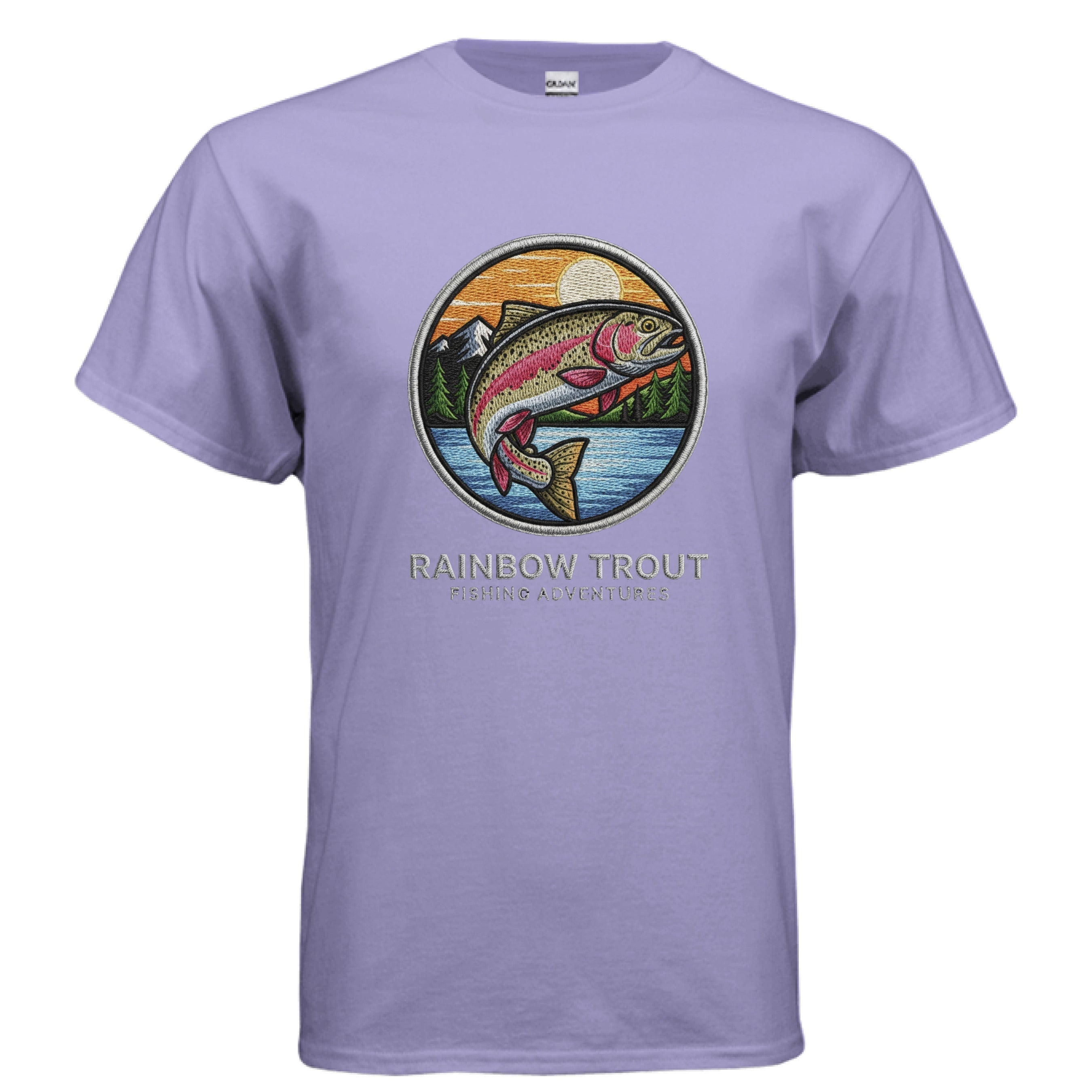 Gildan G500 T-Shirt with Rainbow Trout fishing design on purple preshrunk cotton tee