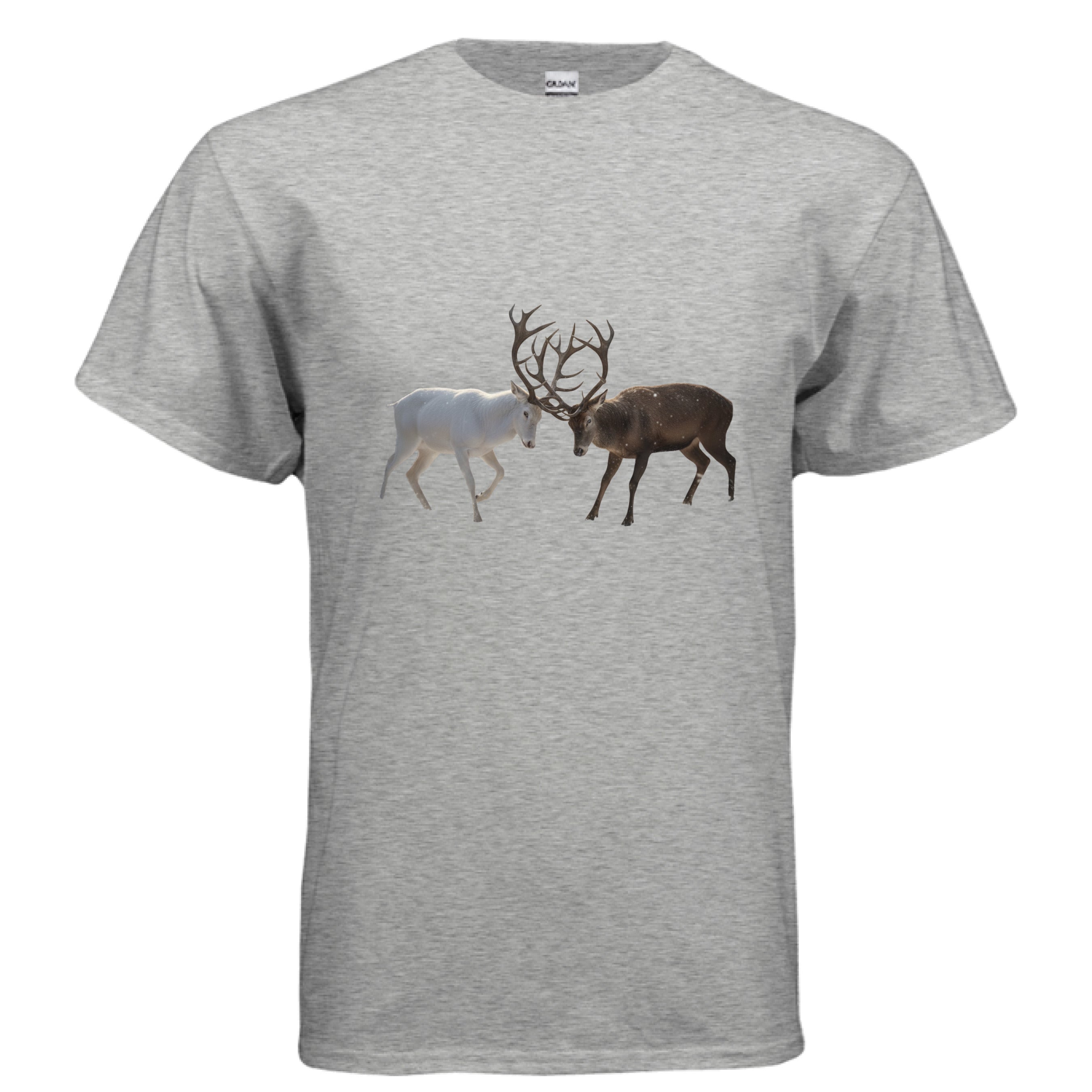 Gildan G500 Adult T-Shirt in ash grey with white and brown deer graphic design