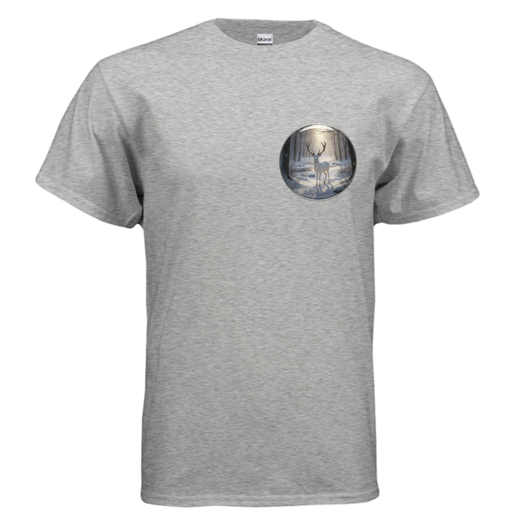 Gildan G800 grey t-shirt with white stag design on chest, 50/50 cotton polyester blend, moisture-wicking DryBlend fabric