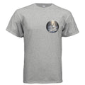 Gildan G800 grey t-shirt with white stag design on chest, 50/50 cotton polyester blend, moisture-wicking DryBlend fabric