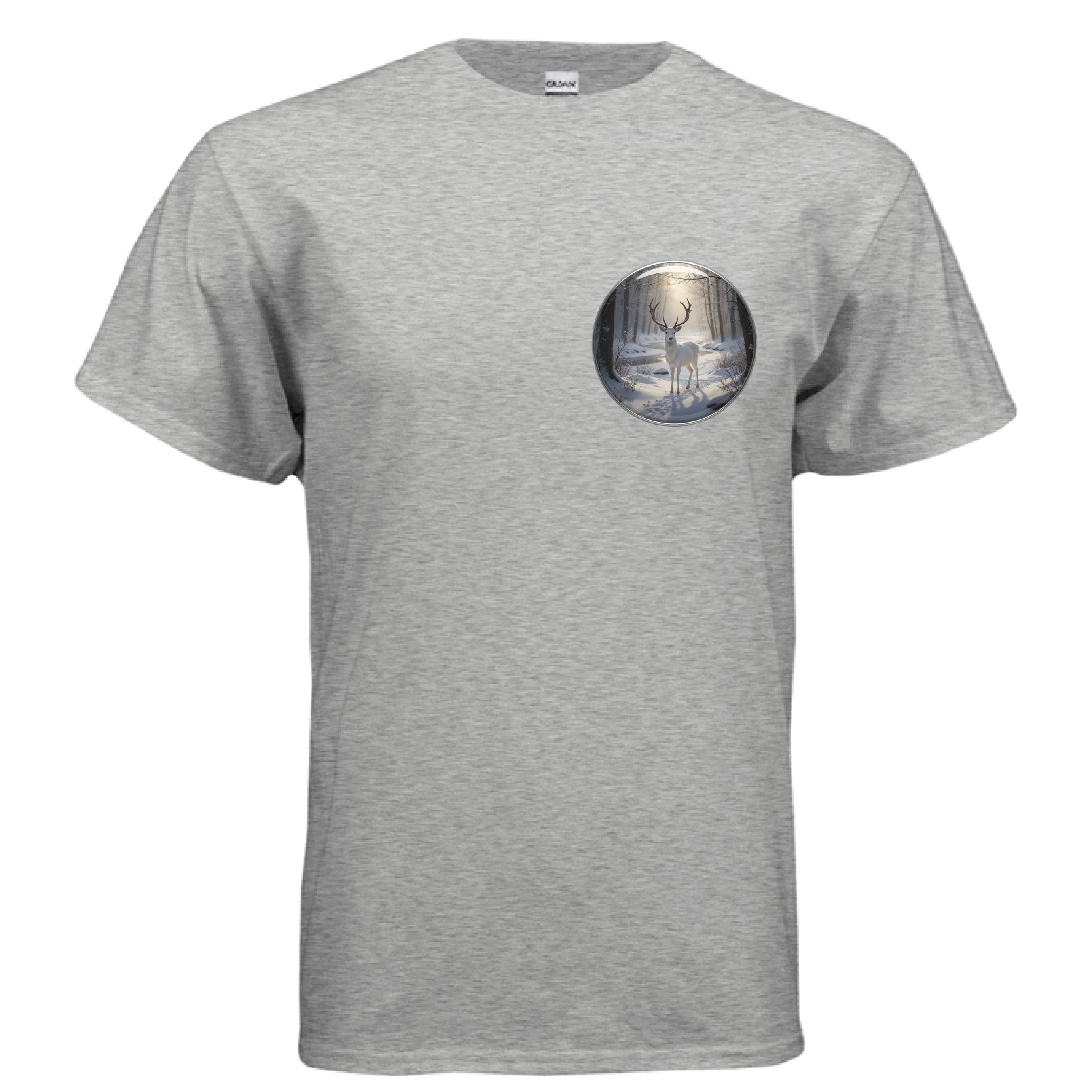 Gildan G800 grey t-shirt with white stag design on chest, 50/50 cotton polyester blend, moisture-wicking DryBlend fabric