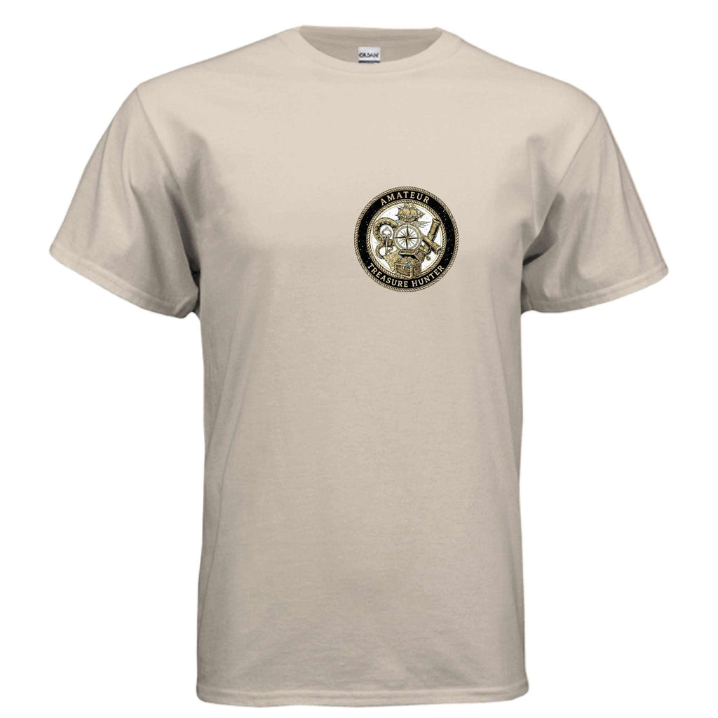 Beige amateur treasure hunting themed cotton t-shirt with central emblem and round neck Treasure T-Shirt