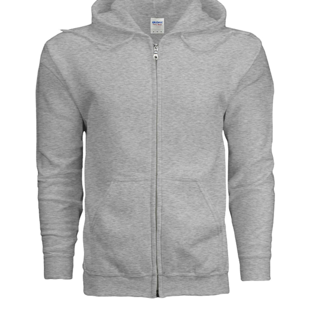 Gildan G186 Adult Heavy Blend gray full-zip hoodie with pouch pockets and unlined hood