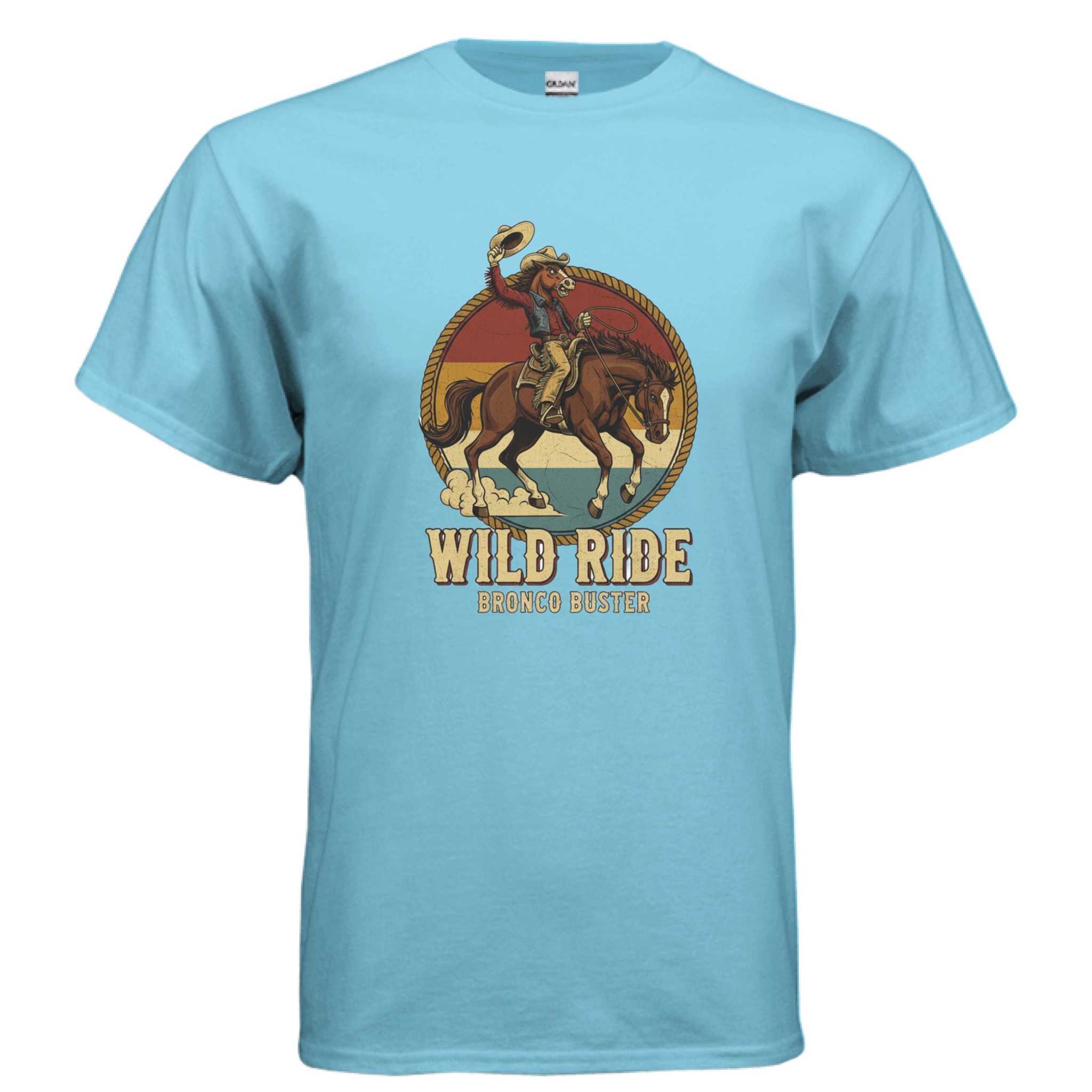 Gildan G500 Adult T-Shirt with Bronco Buster Wild Ride cowboy graphic in light blue