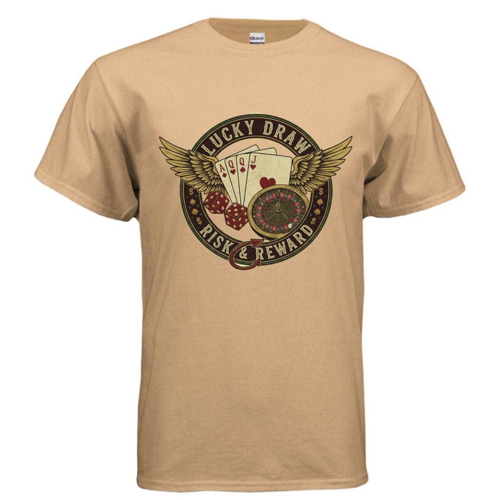 Gildan G500 beige t-shirt with gambling-themed "Lucky Draw Risk & Reward" graphic featuring cards, dice, and roulette wheel