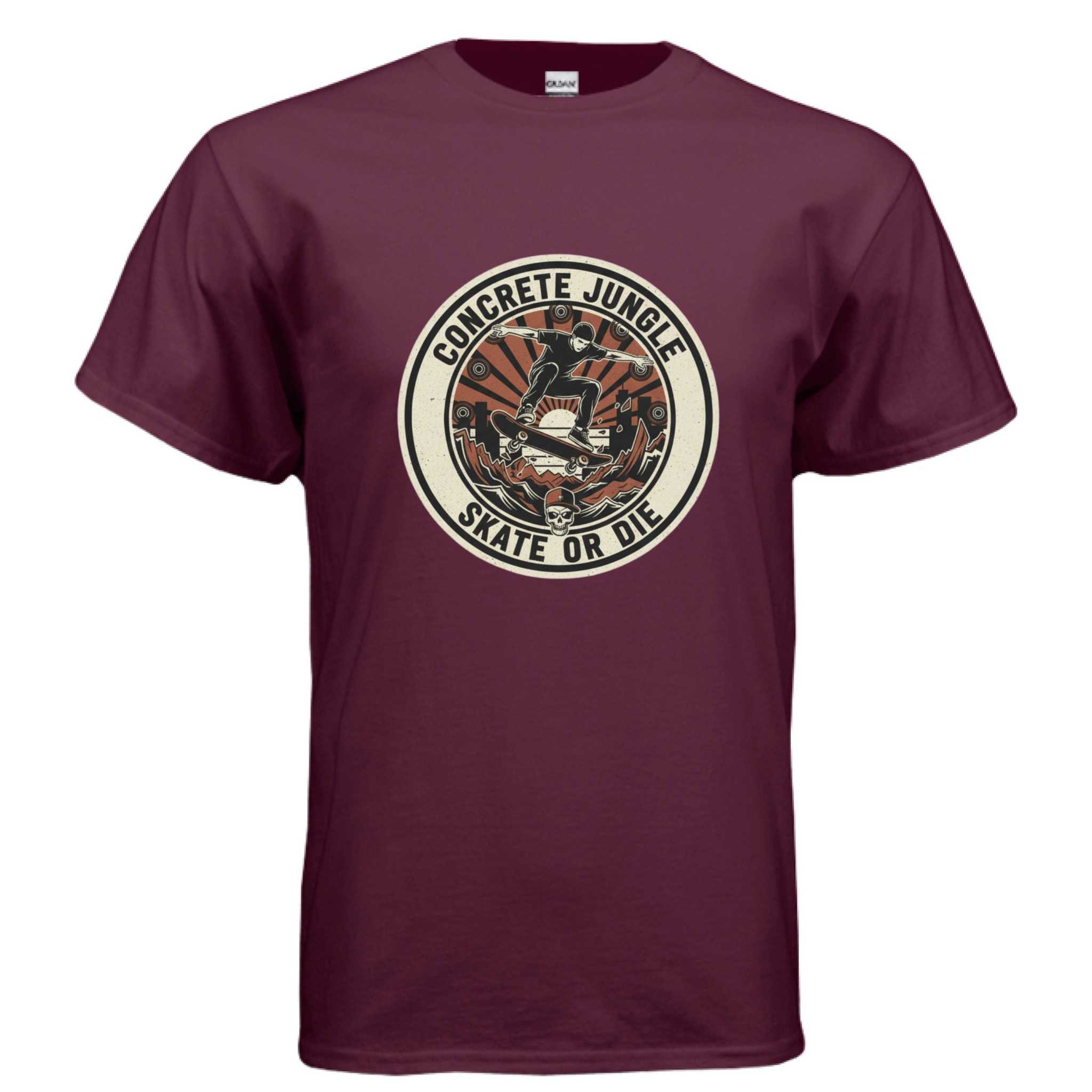 Gildan G500 Adult T-Shirt in cherry red with skateboarder graphic and "Concrete Jungle Skate or Die" text