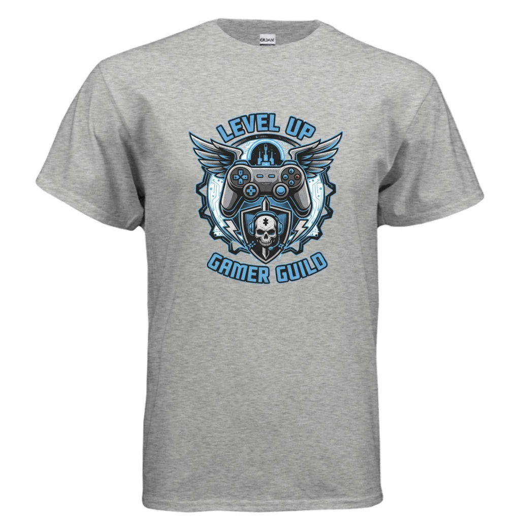 Gildan G500 Adult T-Shirt gray with Level Up Gamer Guild graphic and gaming controller design