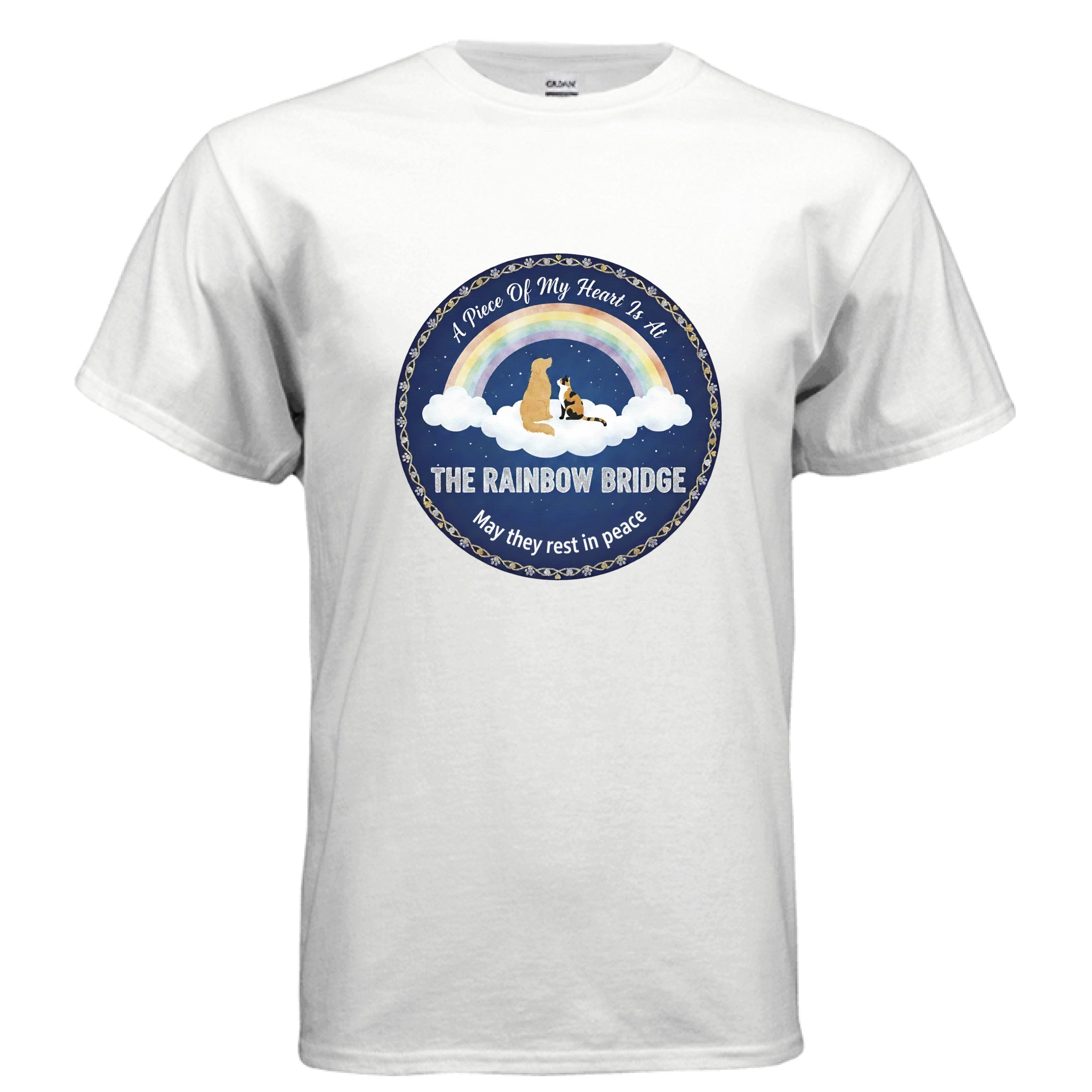 White Gildan G500 t-shirt with Rainbow Bridge pet loss memorial design and heartfelt message