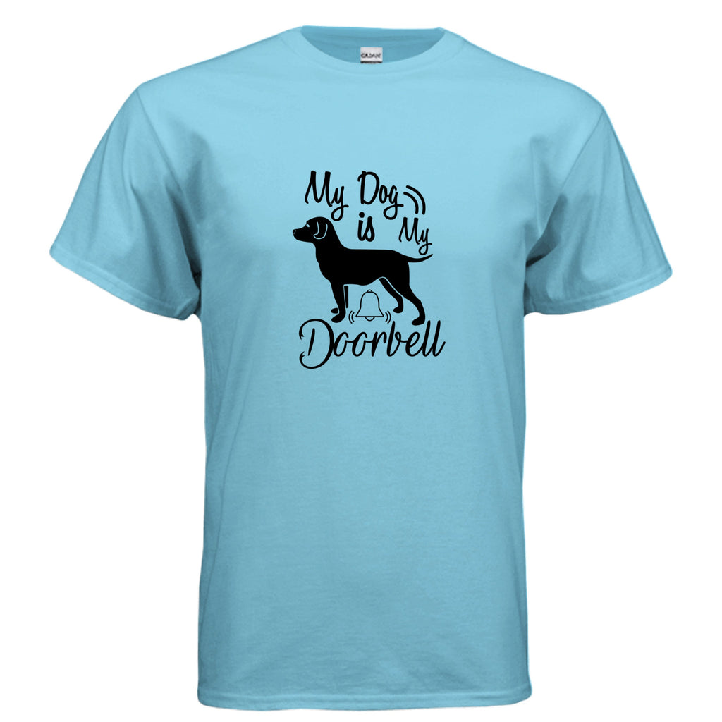 Light blue Gildan G500 T-shirt with "My Dog is My Doorbell" text and black dog silhouette design