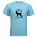 Light blue Gildan G500 T-shirt with "My Dog is My Doorbell" text and black dog silhouette design