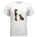 White Gildan G500 Adult T-Shirt featuring a boy fishing with his dog print