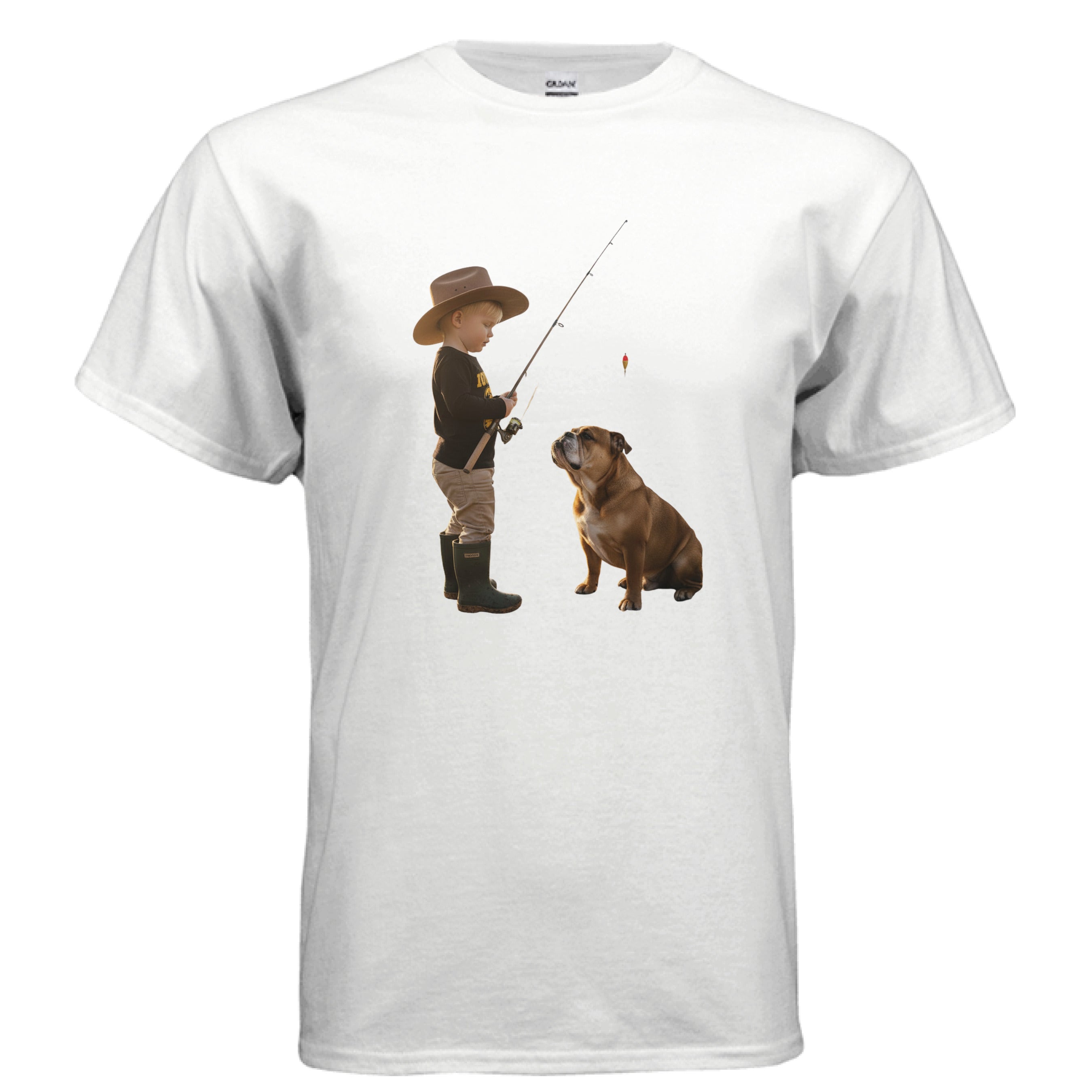 White Gildan G500 Adult T-Shirt featuring a boy fishing with his dog print