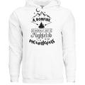 White Gildan G185 Adult Heavy Blend hoodie with "A bonfire is basically just a nightclub in the mountains" text and mountain graphic