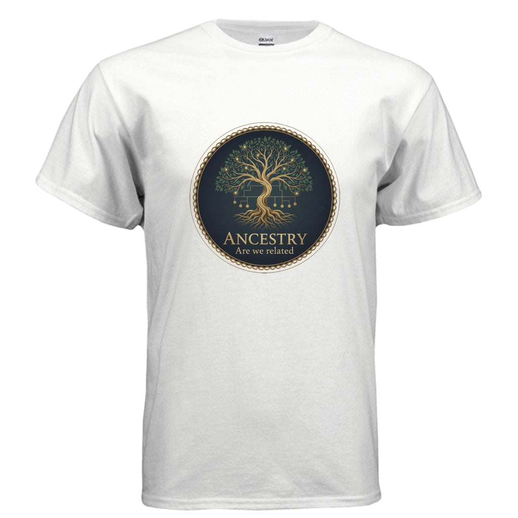 White Gildan G500 Adult T-Shirt with Ancestry tree design and "Are we related" text