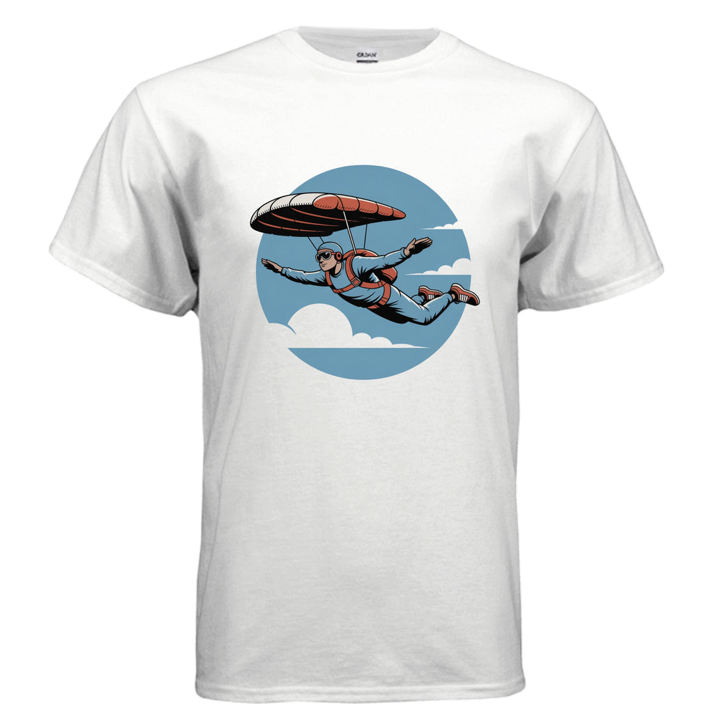 White Gildan G500 T-shirt featuring skydiver graphic design with vintage style in blue circle background