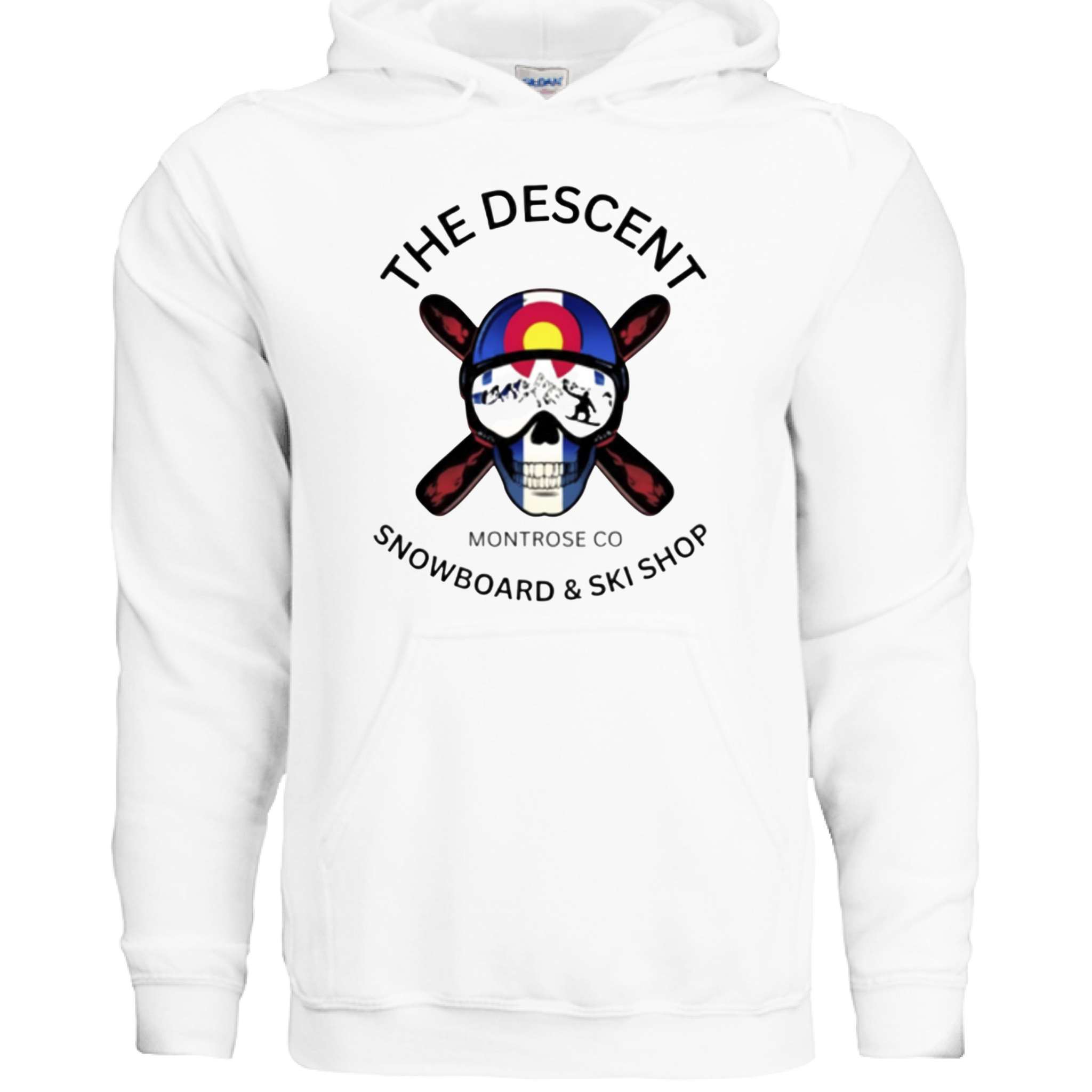 The Descent Hoodie white Gildan heavy blend 50/50 cotton polyester snowboard ski shop logo